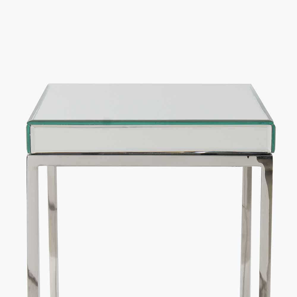 Elysee Mirrored Glass and Silver Metal Small Square Side Table.