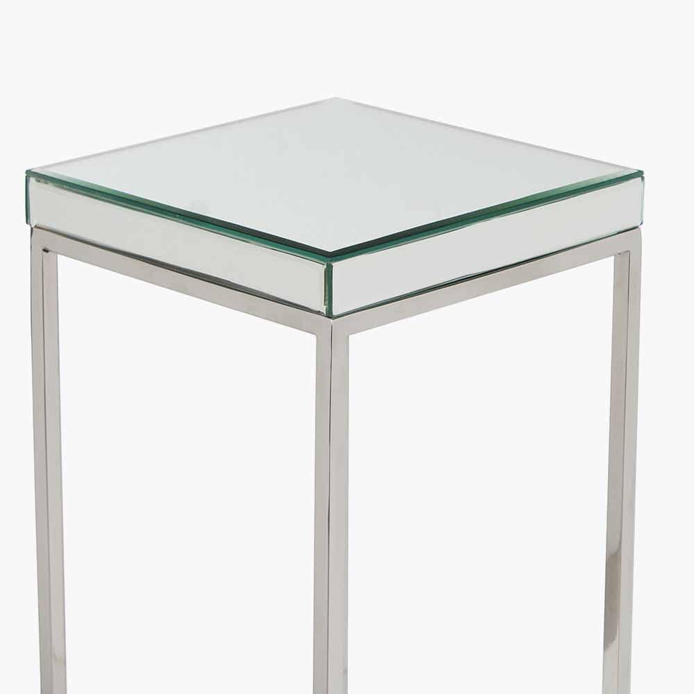 Elysee Mirrored Glass and Silver Metal Square Side Table.