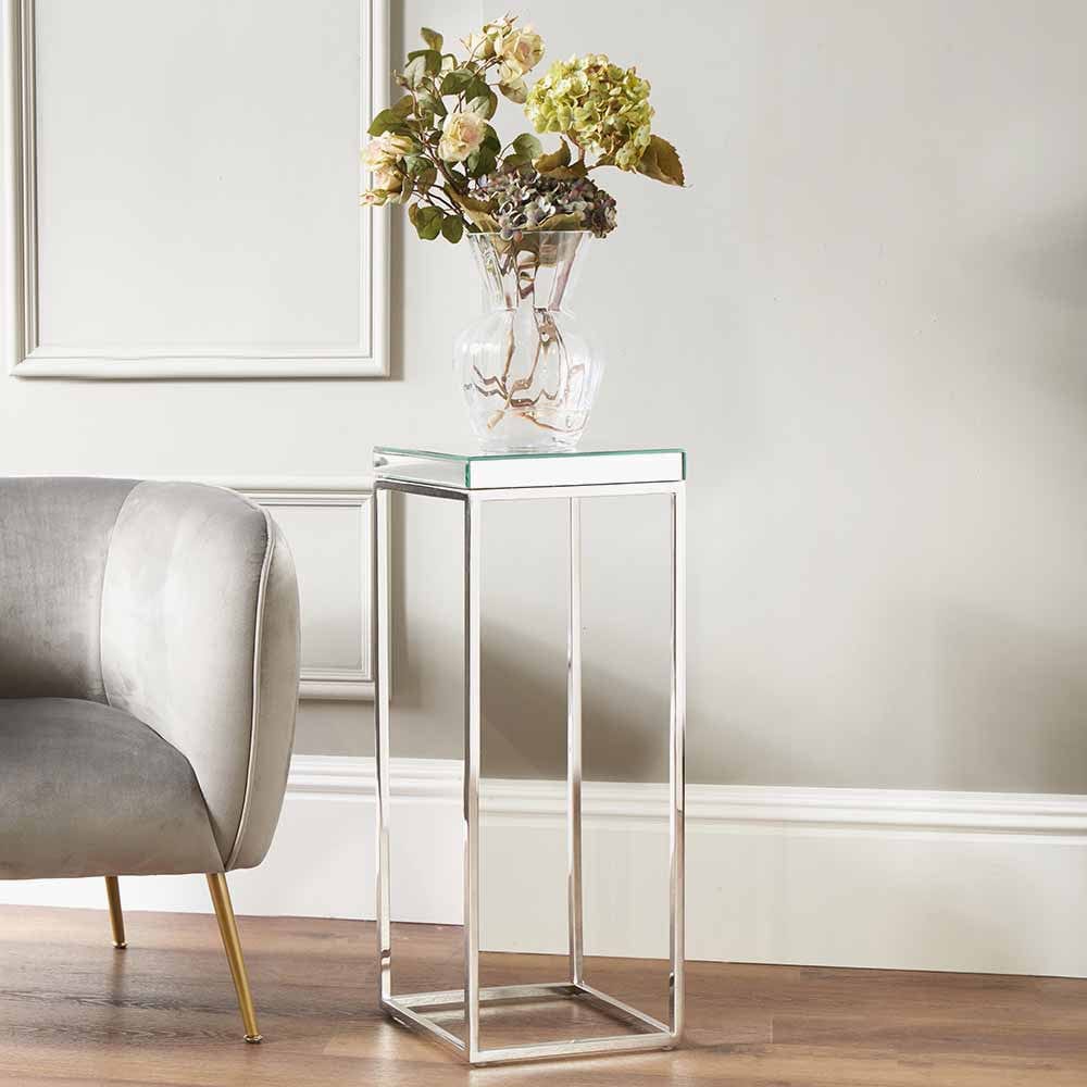 Elysee Mirrored Glass and Silver Metal Square Side Table.