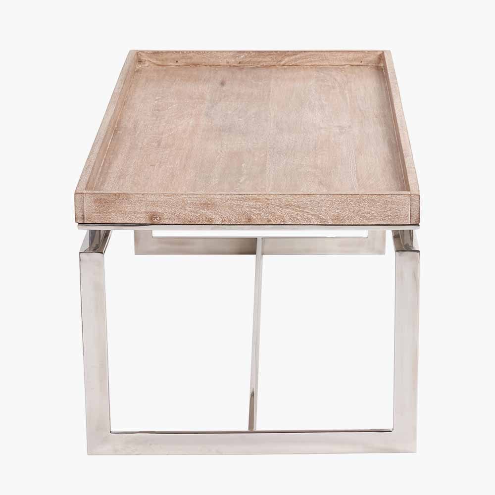 Evelyn Natural Antique Finish Mango Wood and Silver Metal Coffee Table.