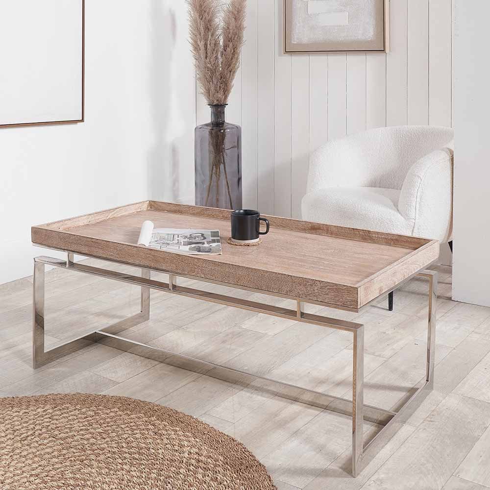 Evelyn Natural Antique Finish Mango Wood and Silver Metal Coffee Table.