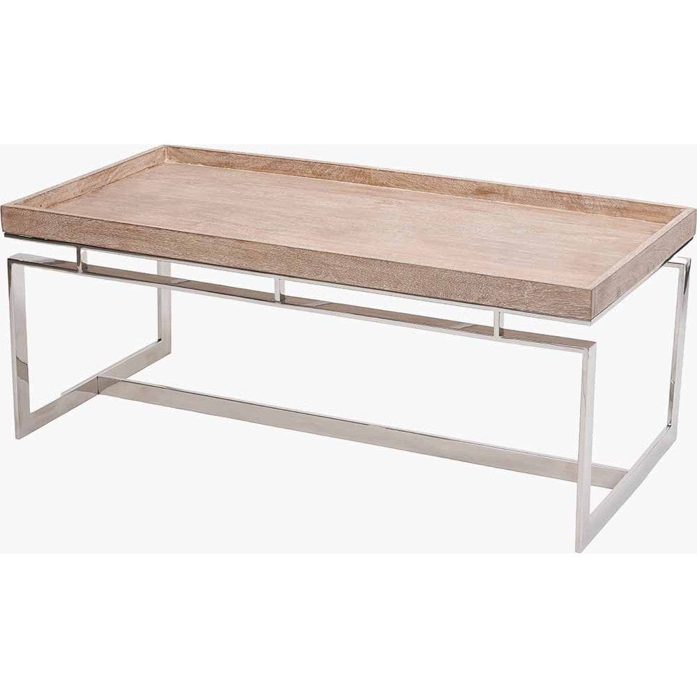 Evelyn Natural Antique Finish Mango Wood and Silver Metal Coffee Table.