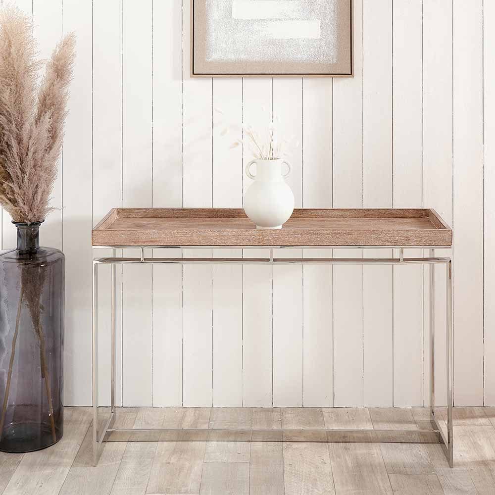 Evelyn Natural Antique Finish Mango Wood and Silver Metal Console Table.