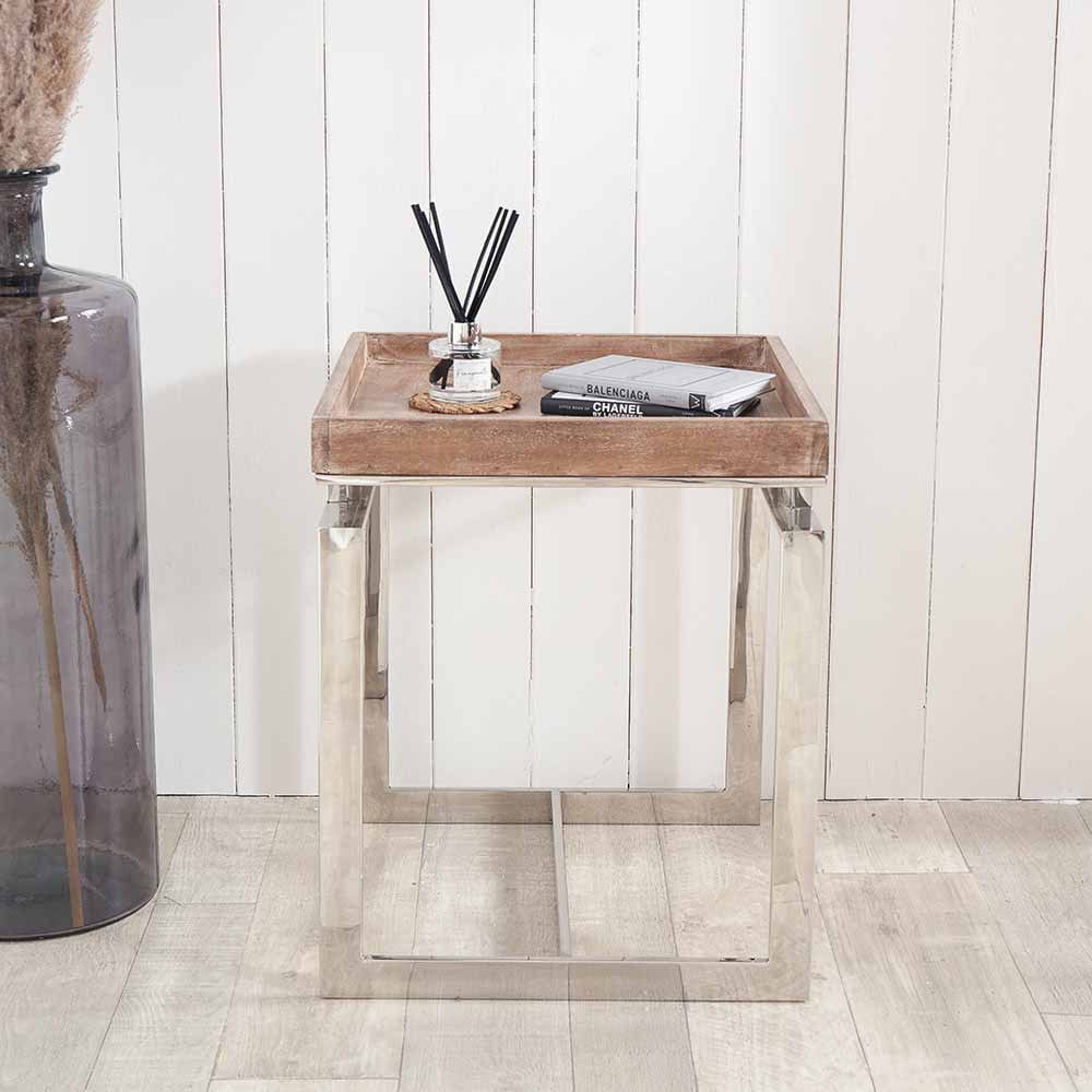 Evelyn Natural Antique Finish Mango Wood and Silver Metal Side Table.