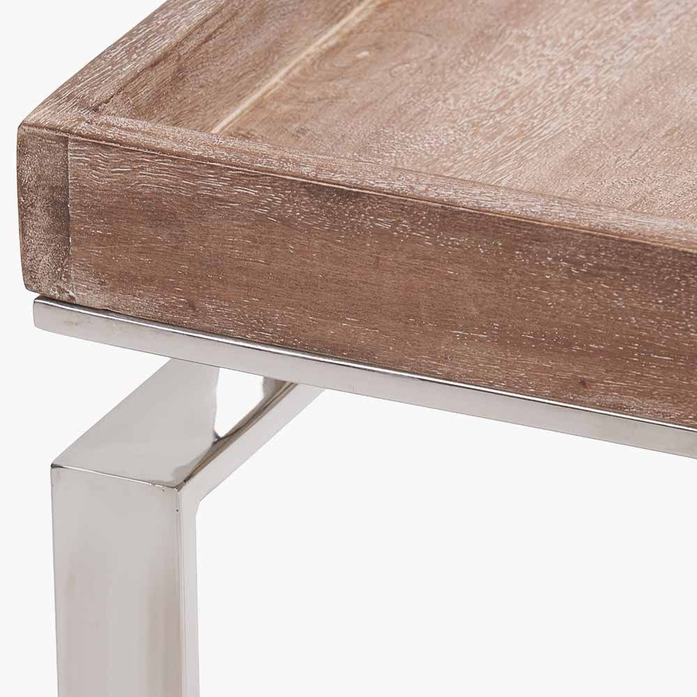 Evelyn Natural Antique Finish Mango Wood and Silver Metal Side Table.