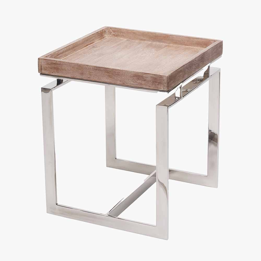Evelyn Natural Antique Finish Mango Wood and Silver Metal Side Table.