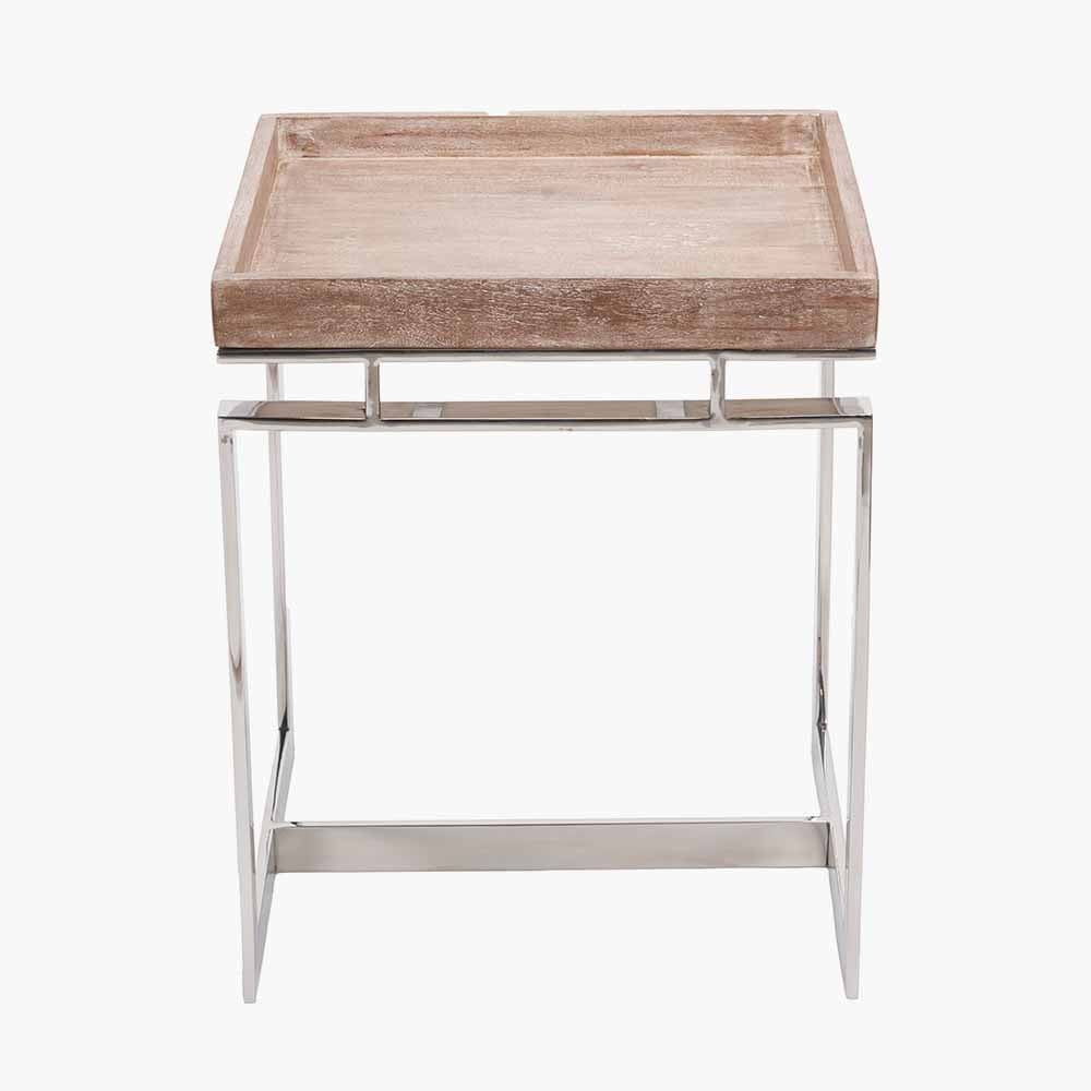 Evelyn Natural Antique Finish Mango Wood and Silver Metal Side Table.