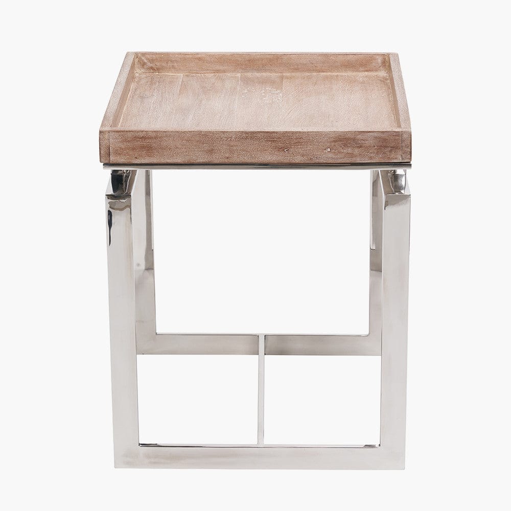 Evelyn Natural Antique Finish Mango Wood and Silver Metal Side Table.