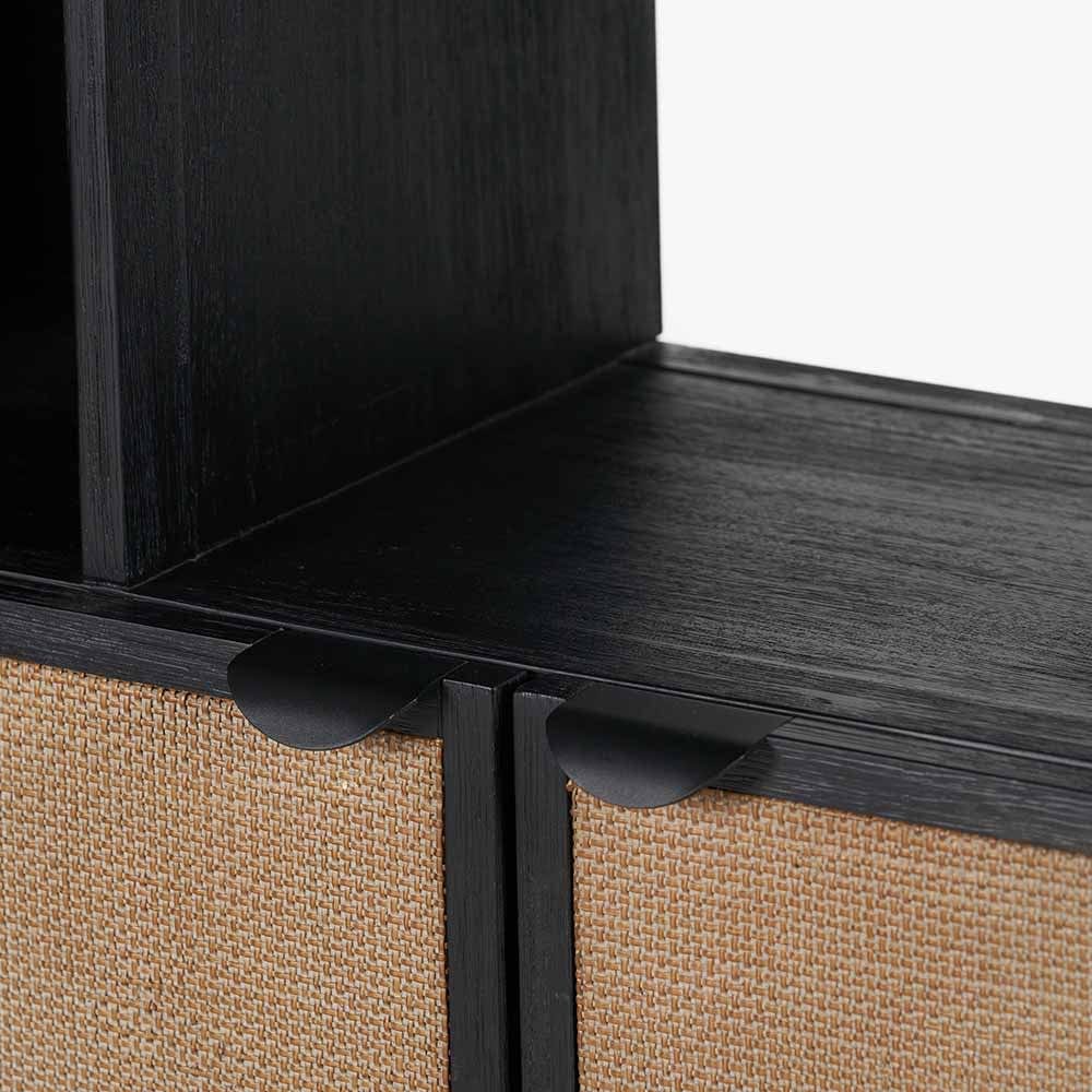 Fiji Black Acacia Wood and Natural Rattan 2 Door 6 Niche Shelf Unit.