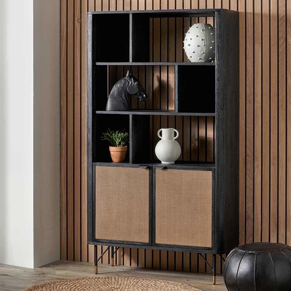 Fiji Black Acacia Wood and Natural Rattan 2 Door 6 Niche Shelf Unit.