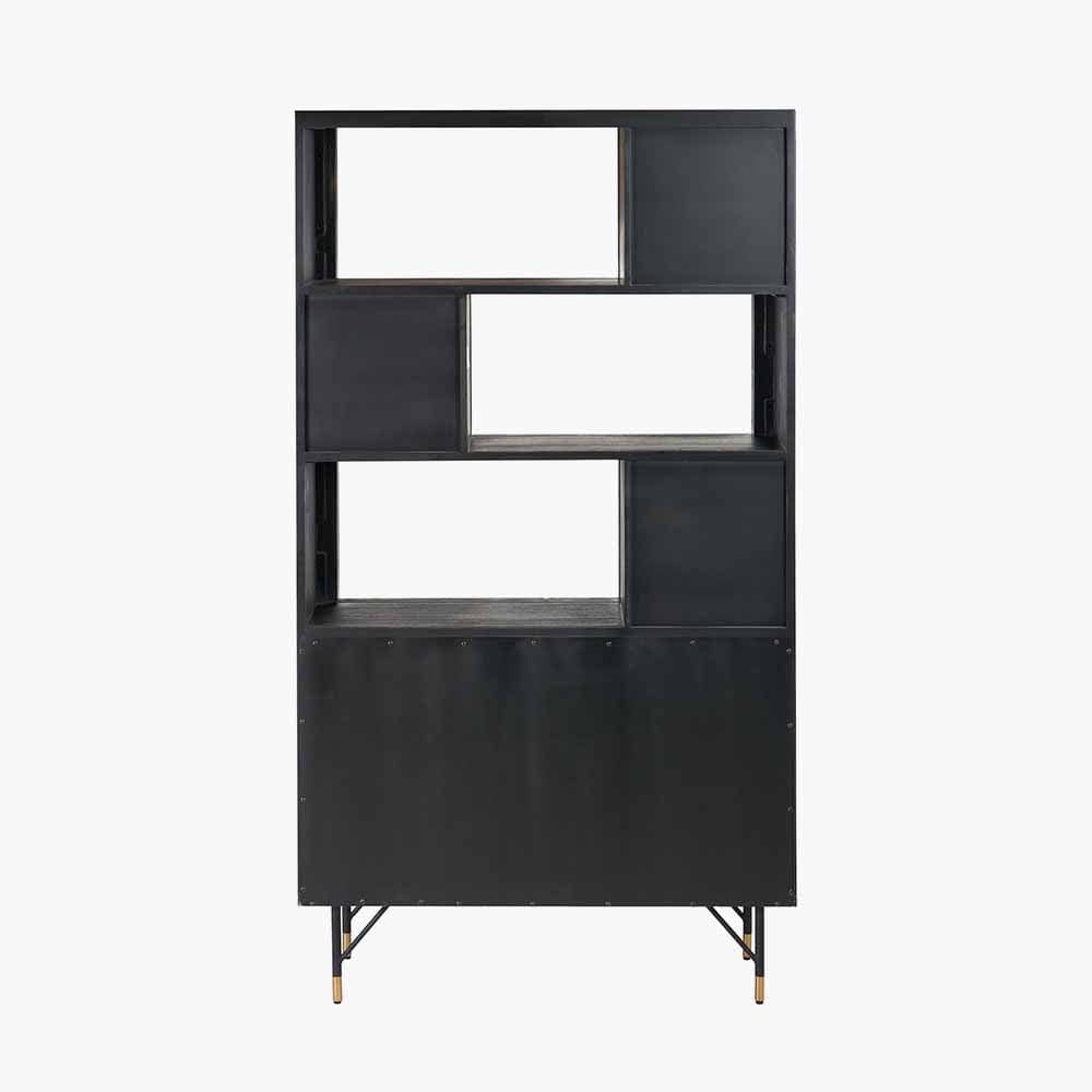 Fiji Black Acacia Wood and Natural Rattan 2 Door 6 Niche Shelf Unit.