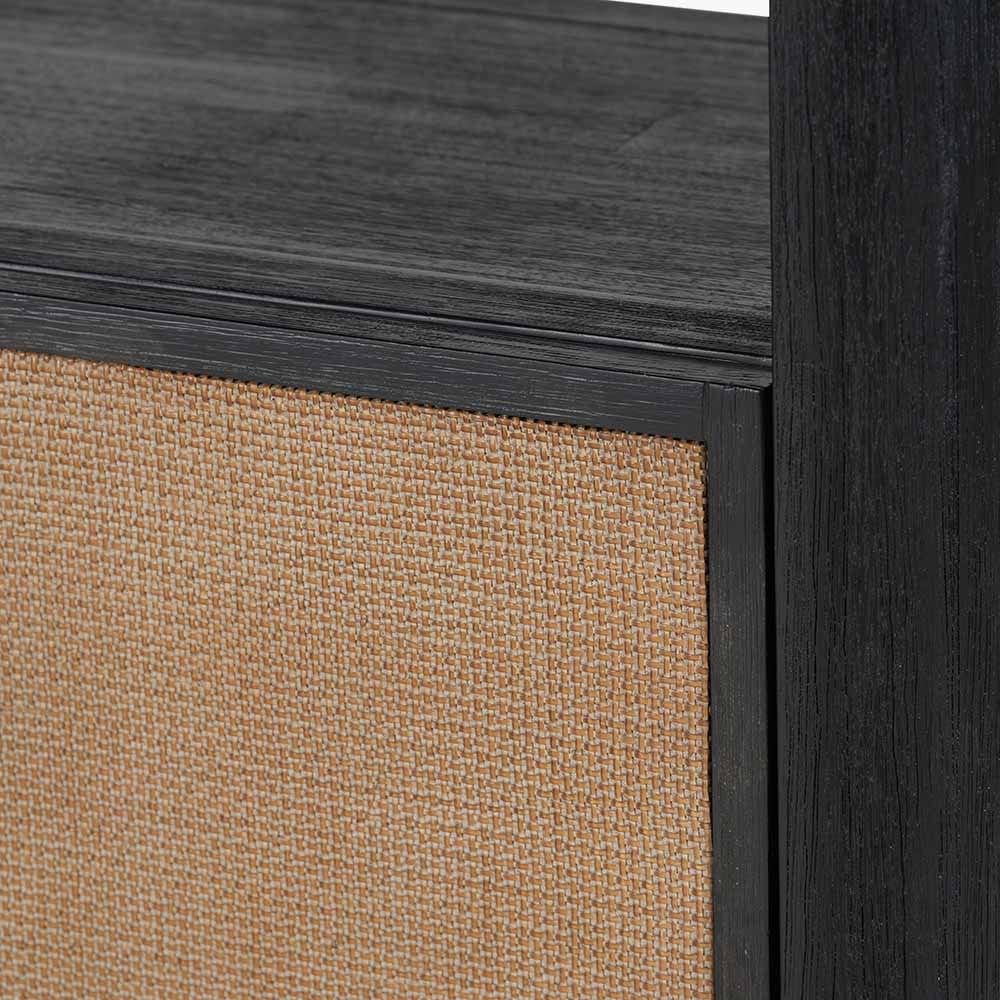 Fiji Black Acacia Wood and Natural Rattan 2 Door 6 Niche Shelf Unit.