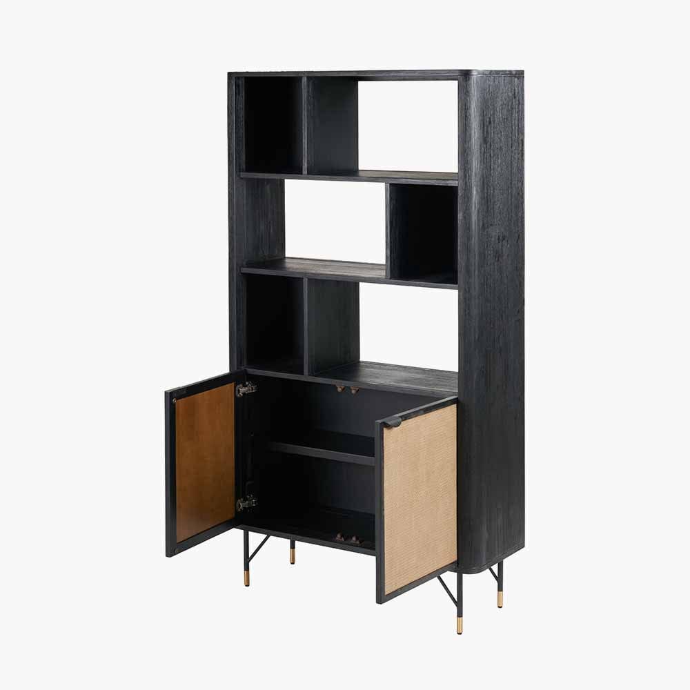 Fiji Black Acacia Wood and Natural Rattan 2 Door 6 Niche Shelf Unit.
