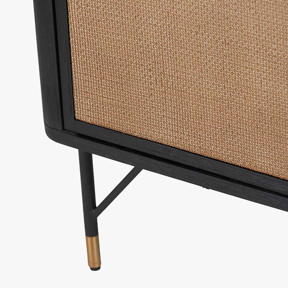 Fiji Black Acacia Wood and Natural Rattan 2 Door 6 Niche Shelf Unit.