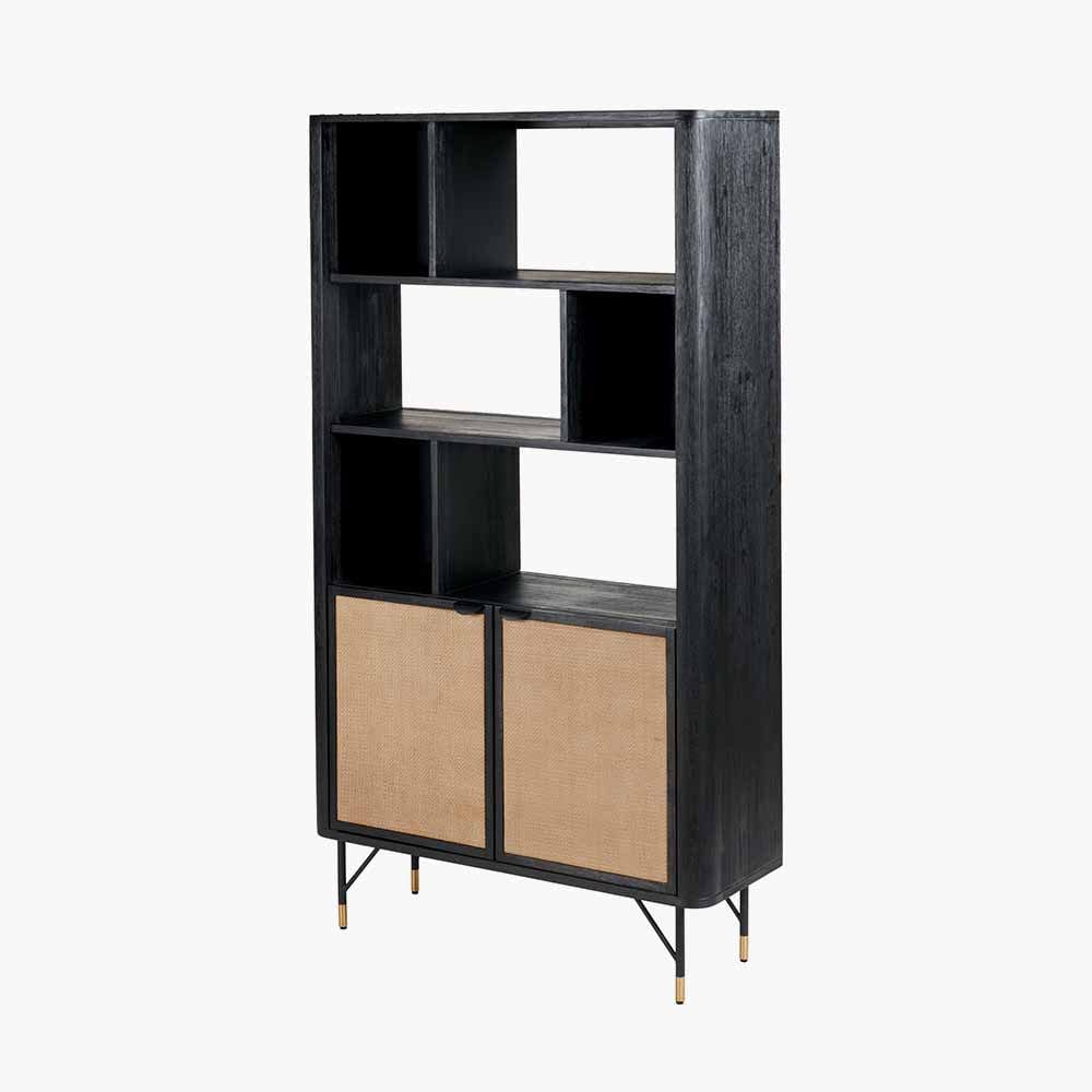 Fiji Black Acacia Wood and Natural Rattan 2 Door 6 Niche Shelf Unit.
