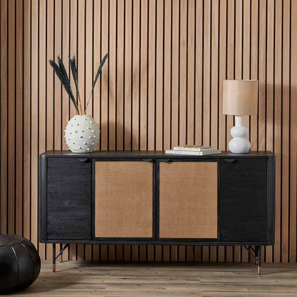 Fiji Black Acacia Wood and Natural Rattan 4 Door Sideboard.