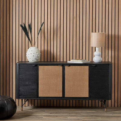 Pacific Lifestyle Living Fiji Black Acacia Wood and Natural Rattan 4 Door Sideboard House of Isabella UK