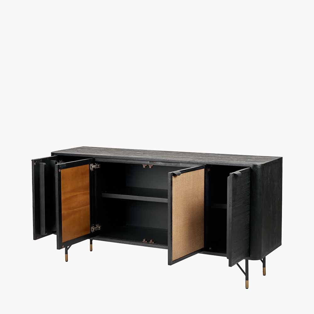 Fiji Black Acacia Wood and Natural Rattan 4 Door Sideboard.
