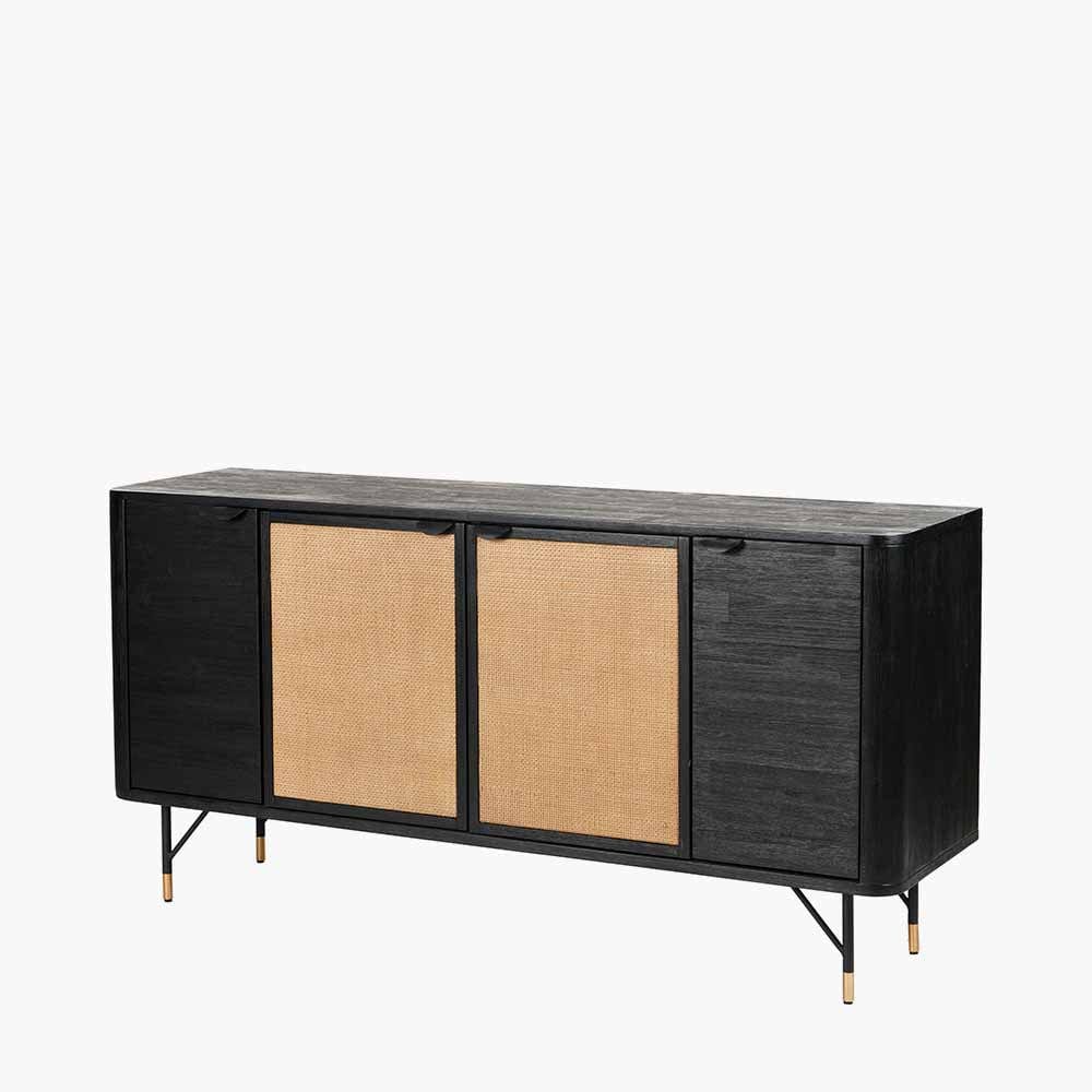 Fiji Black Acacia Wood and Natural Rattan 4 Door Sideboard.