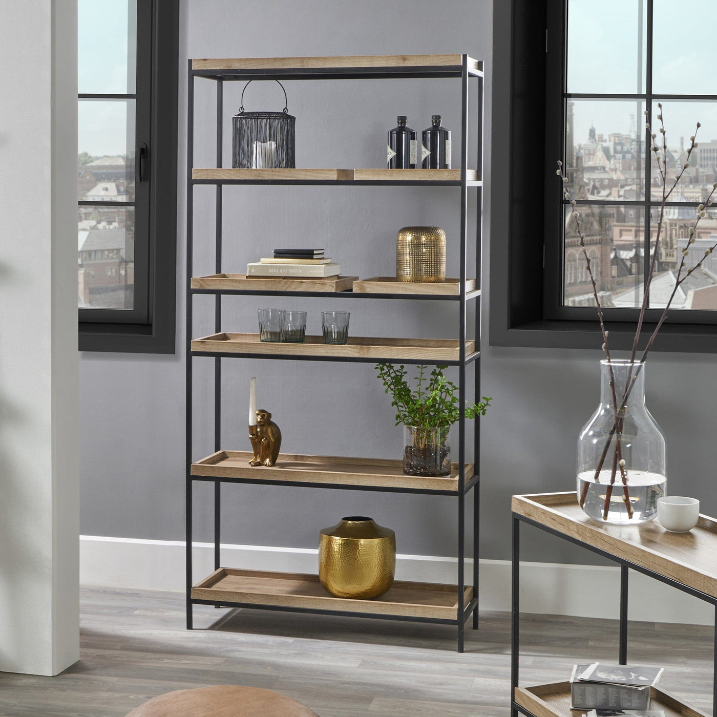 Pacific Lifestyle Living Gallery Natural Wood Veneer and Black Metal 5 Shelf Unit House of Isabella UK