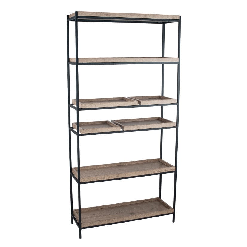 Gallery Natural Wood Veneer and Black Metal 5 Shelf Unit.