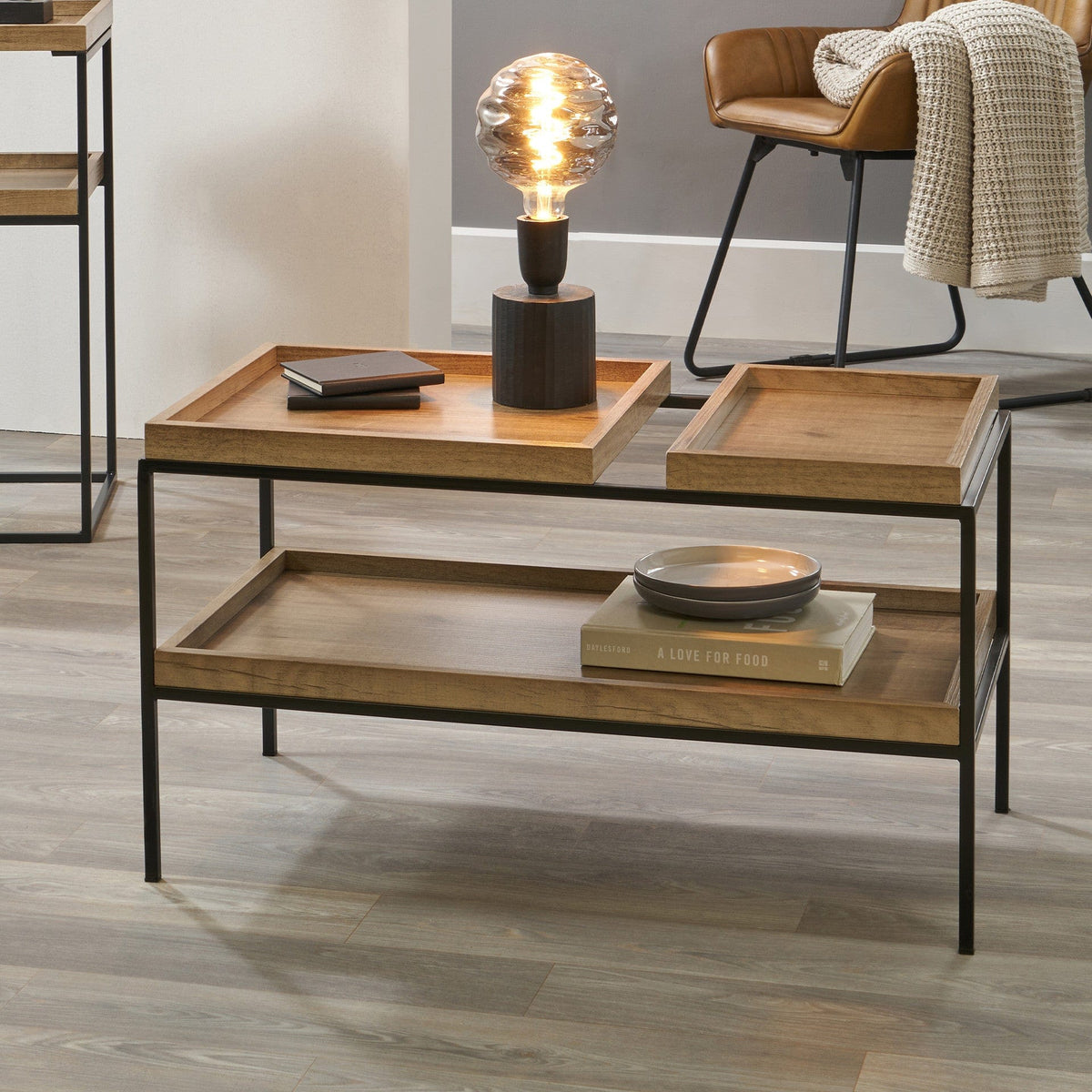 Gallery Natural Wood Veneer and Black Metal Coffee Table.