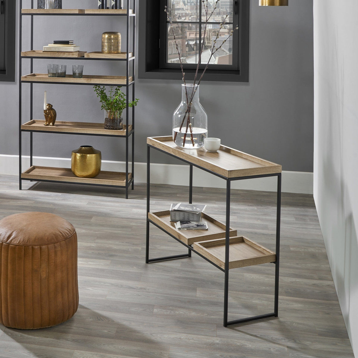 Gallery Natural Wood Veneer & Black Metal 2 Shelf Unit.