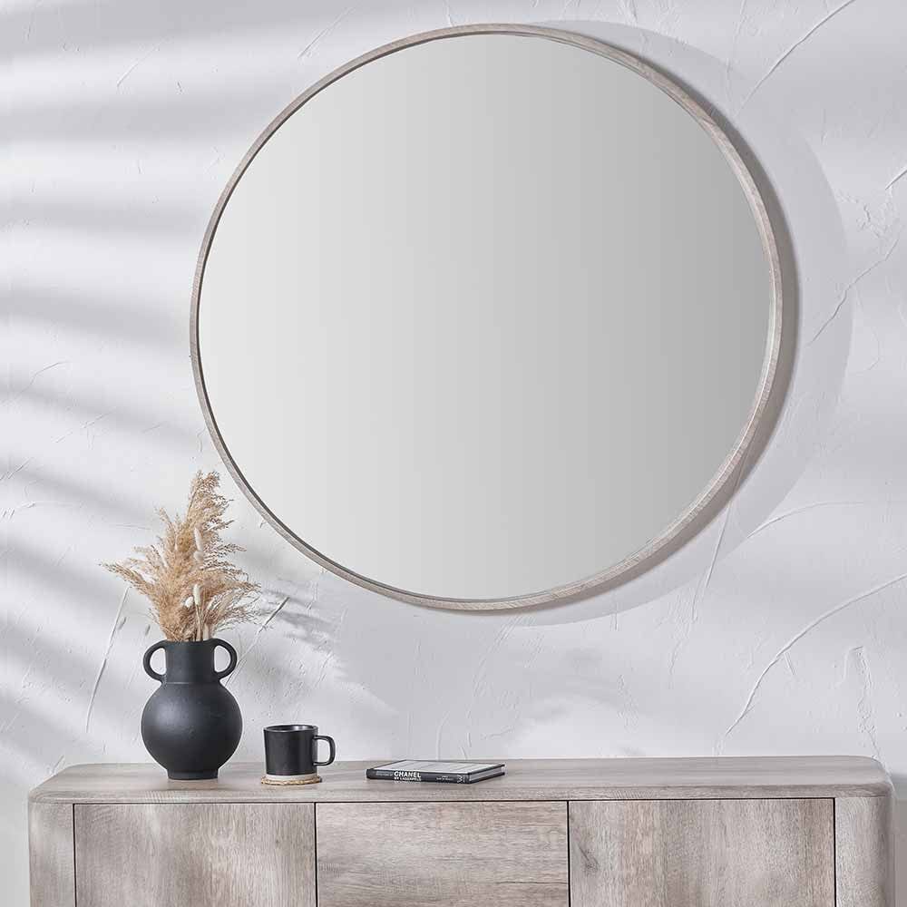 Grey Oak Wood Veener Slim Frame Round Mirror Large.