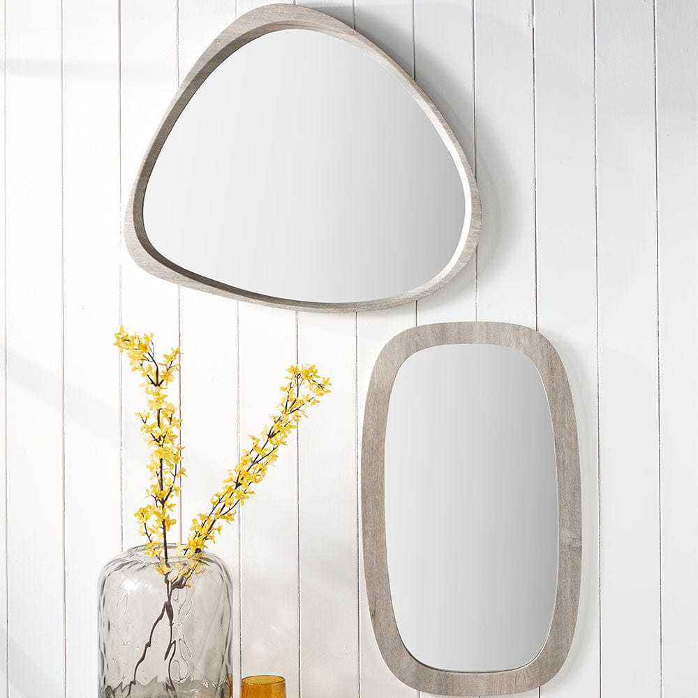 Grey Oak Wood Veneer Curved Wall Mirror.