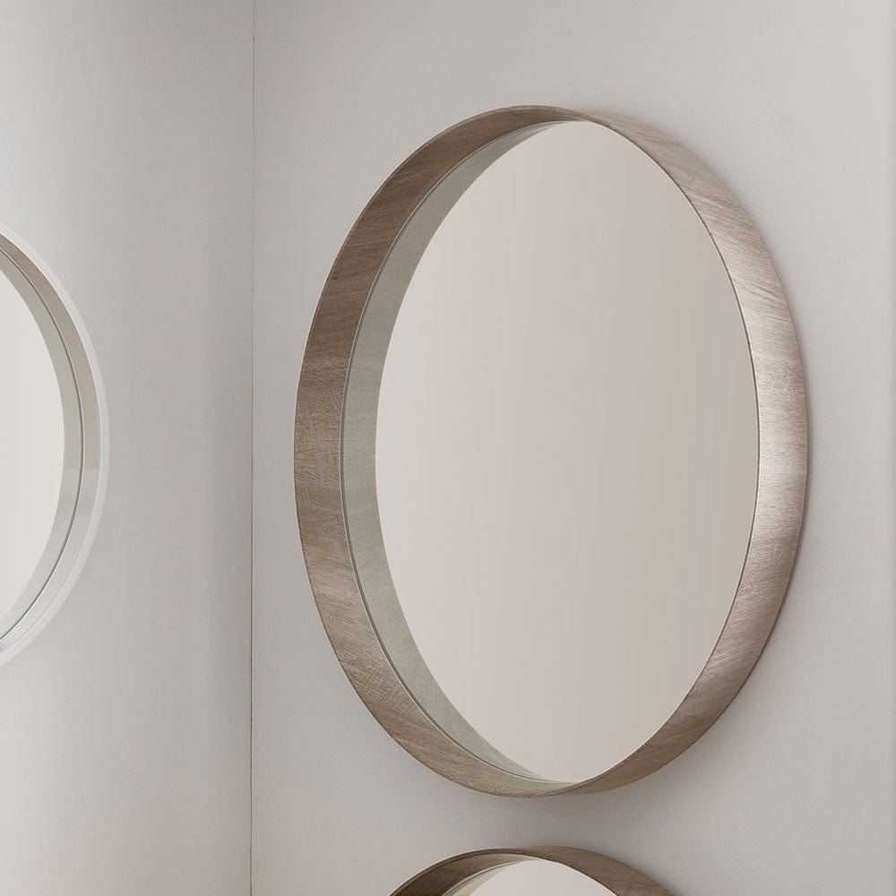 Grey Oak Wood Veneer Deep Edge Round Wall Mirror Large.