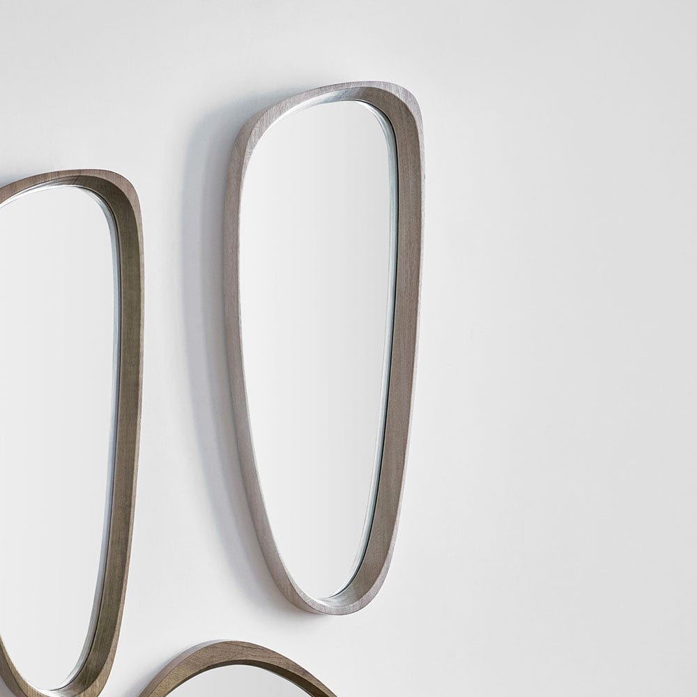 Grey Oak Wood Veneer Teardrop Shaped Wall Mirror.