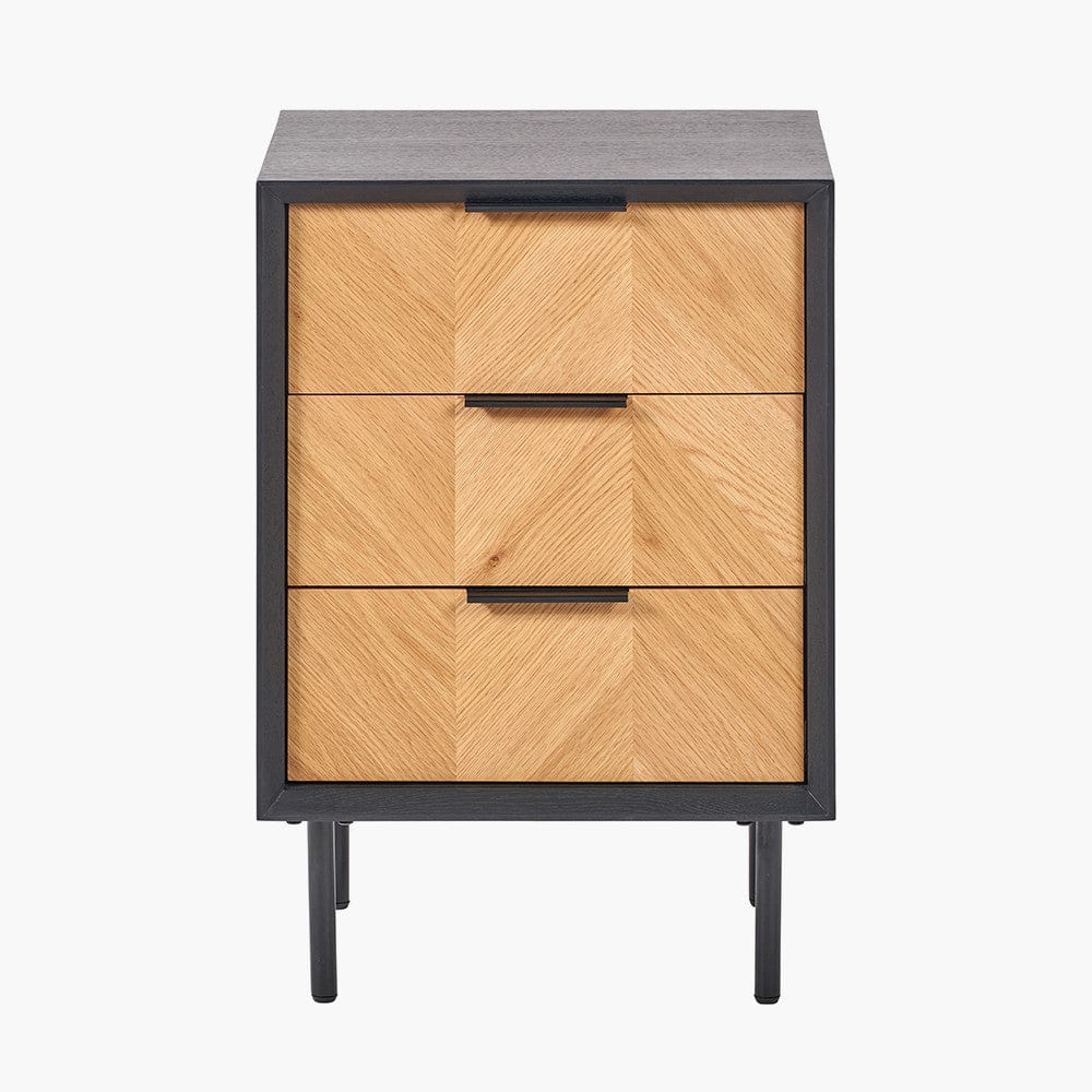 Hailee Black and Natural Chevron Oak and Pine Wood 3 Drawer Unit.