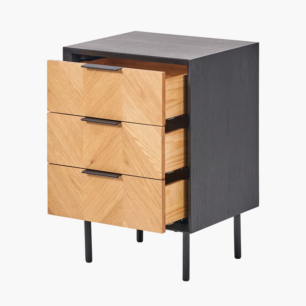 Hailee Black and Natural Chevron Oak and Pine Wood 3 Drawer Unit.