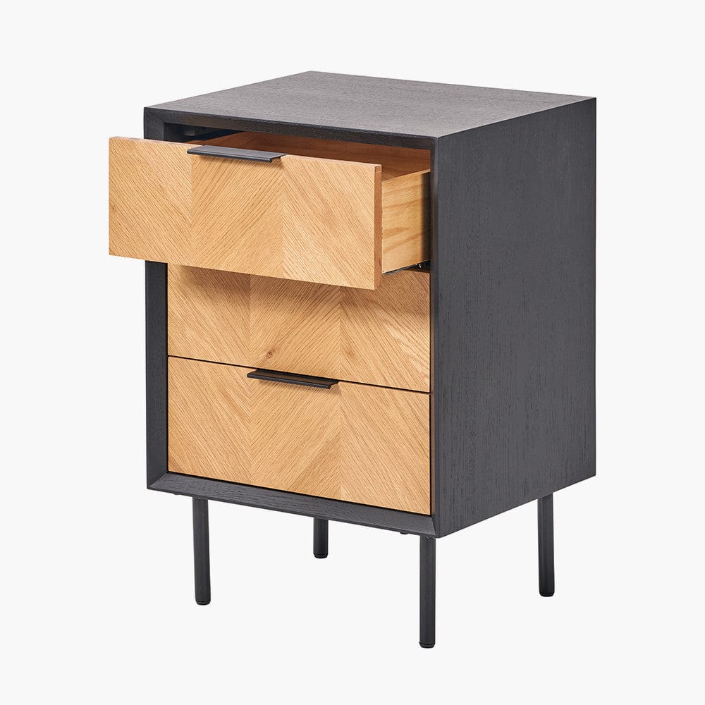 Hailee Black and Natural Chevron Oak and Pine Wood 3 Drawer Unit.