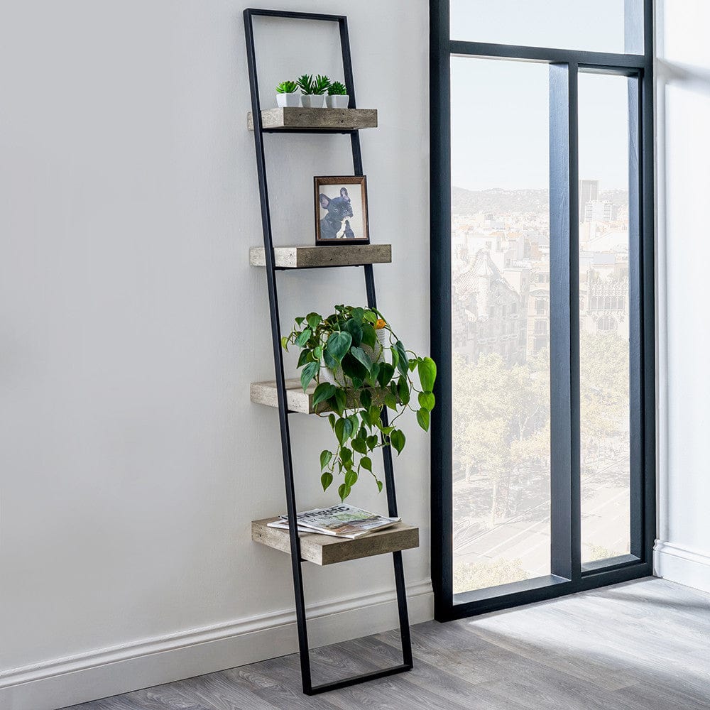 Jersey Concrete Effect Wood Veneer and Black Metal 4 Shelf Unit.