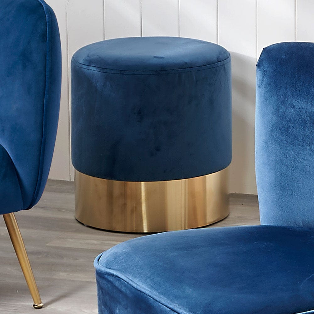 Juliana Sapphire Blue Pouffe with Gold Base.