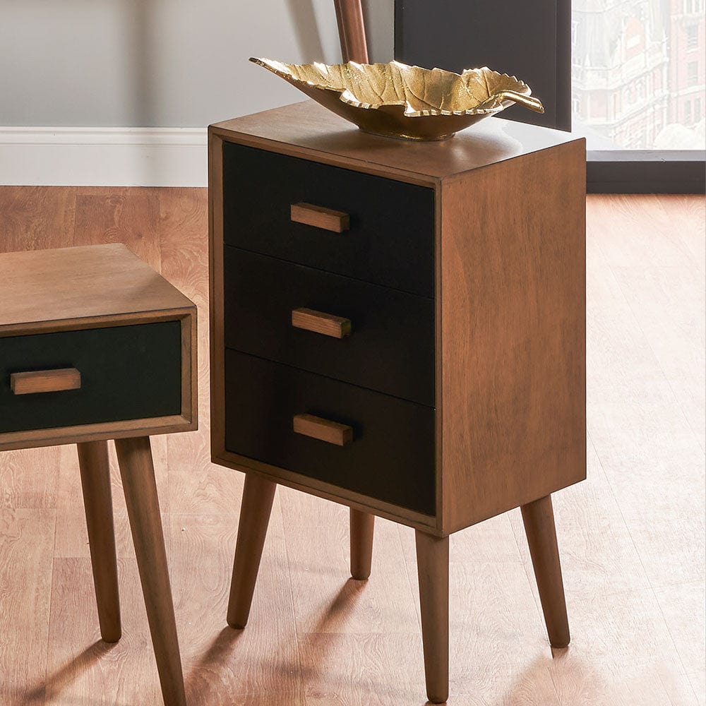 Klee Black Pine Wood 3 Drawer Bedside.