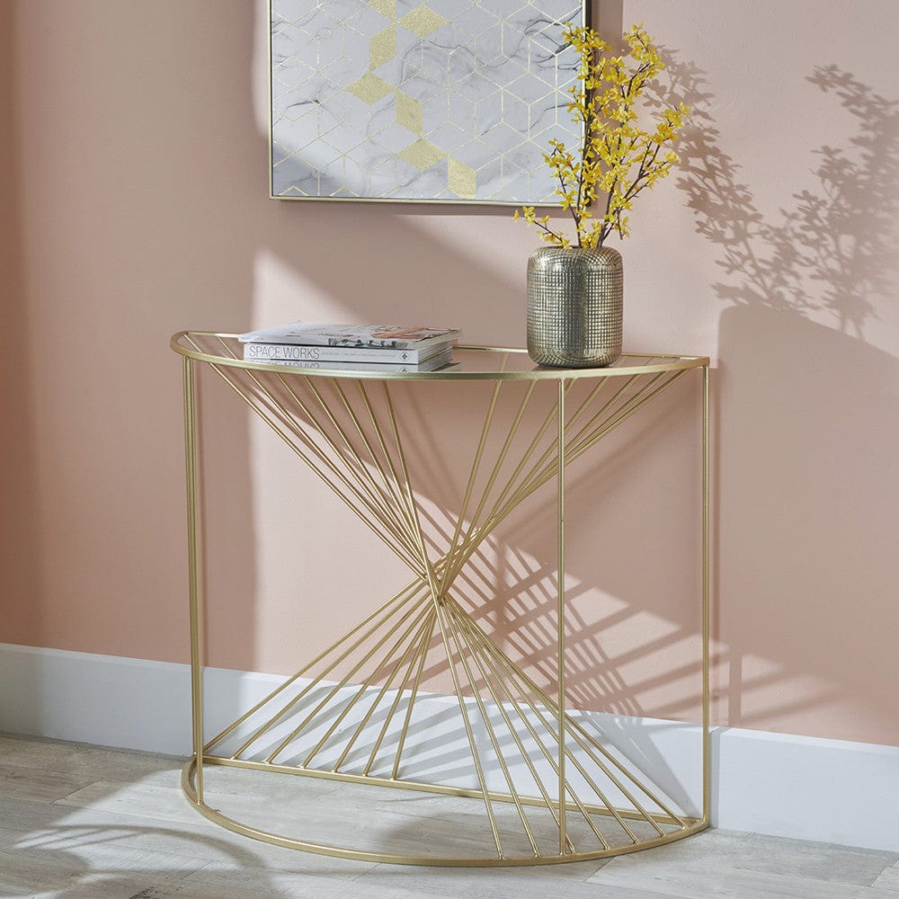 Liberty Glass and Gold Metal Half Moon Console Table.