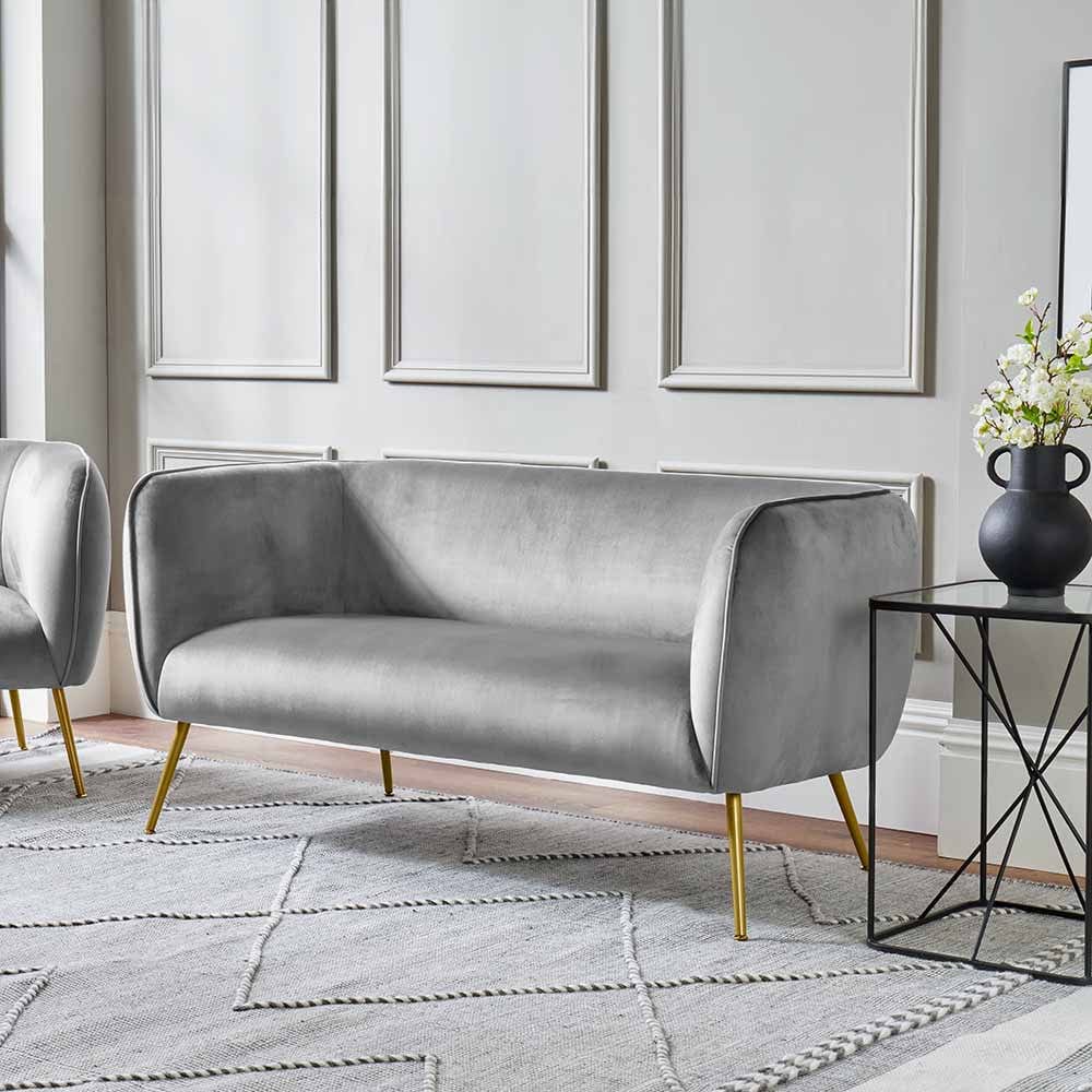 Lucca Dove Grey Velvet and Metal Sofa.