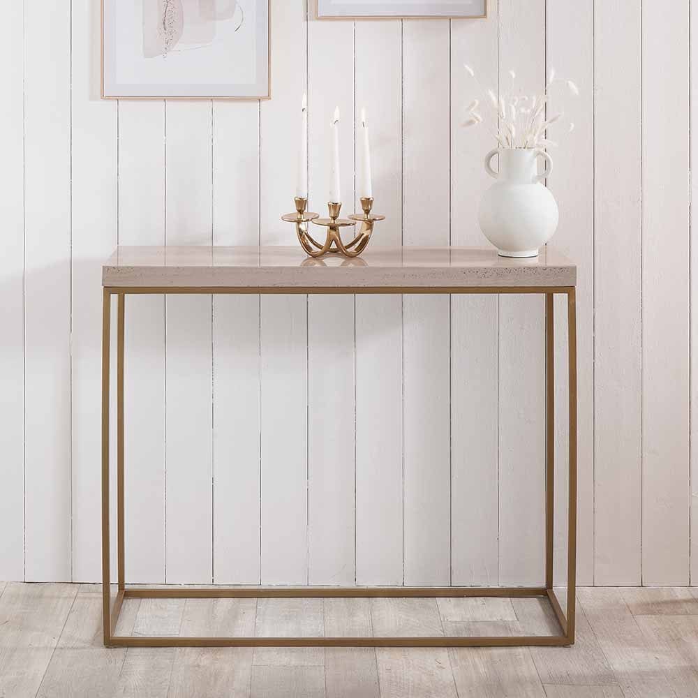 Madison Beige Granite and Burnished Gold Metal Console Table.