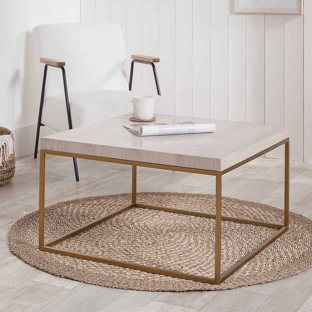Madison Beige Granite and Burnished Gold Metal Square Coffee Table.