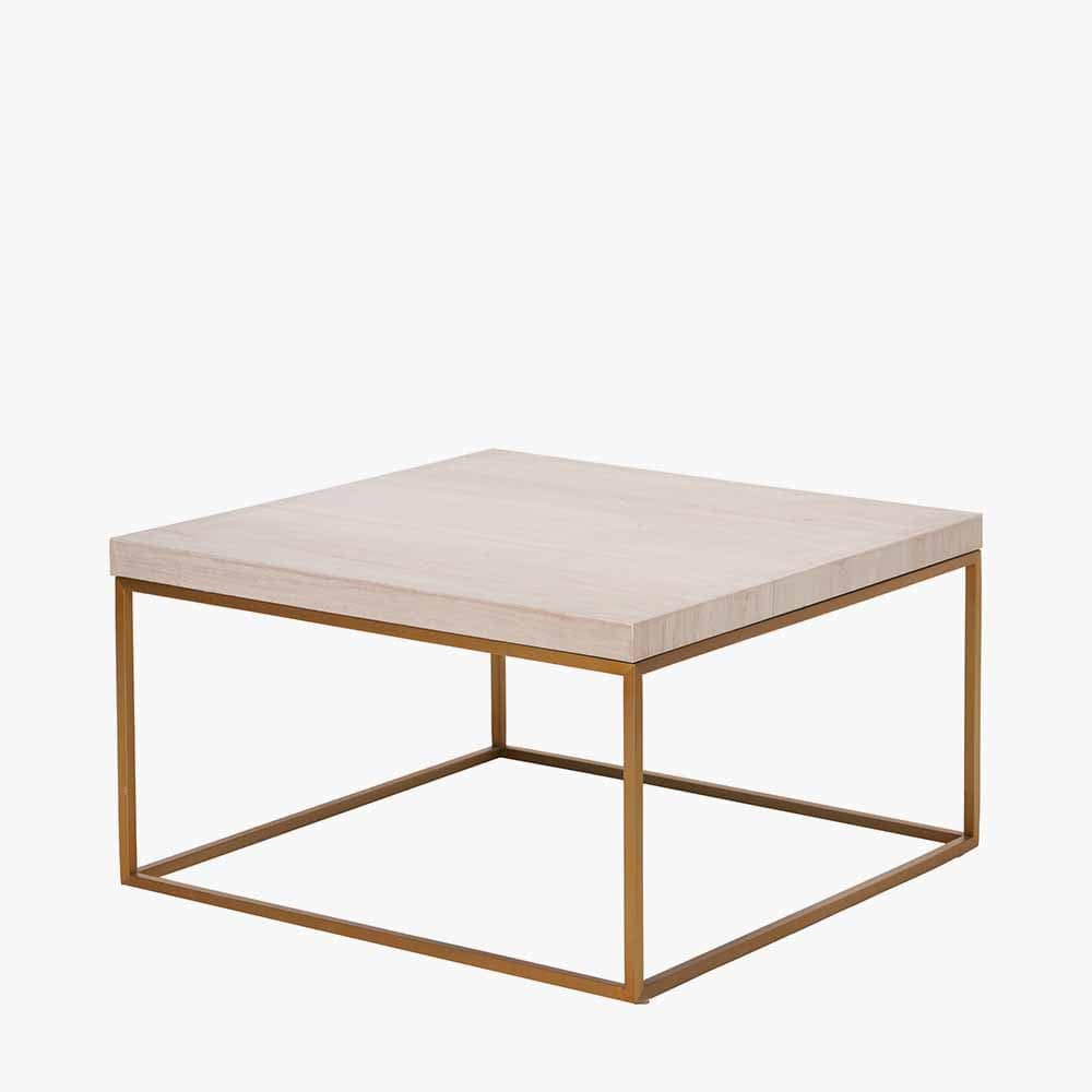 Madison Beige Granite and Burnished Gold Metal Square Coffee Table.