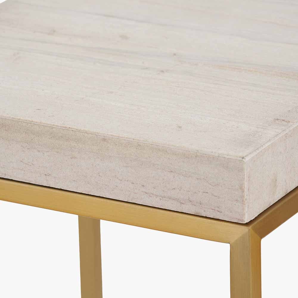 Madison Beige Granite and Burnished Gold Metal Square Side Table.