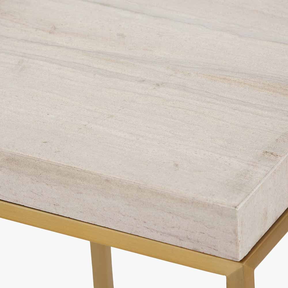 Madison Beige Granite and Burnished Gold Metal Square Side Table.