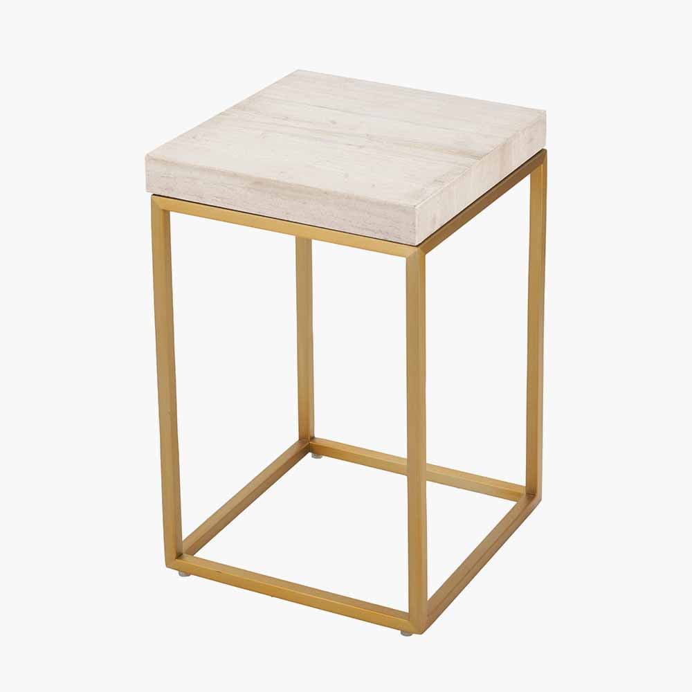 Madison Beige Granite and Burnished Gold Metal Square Side Table.