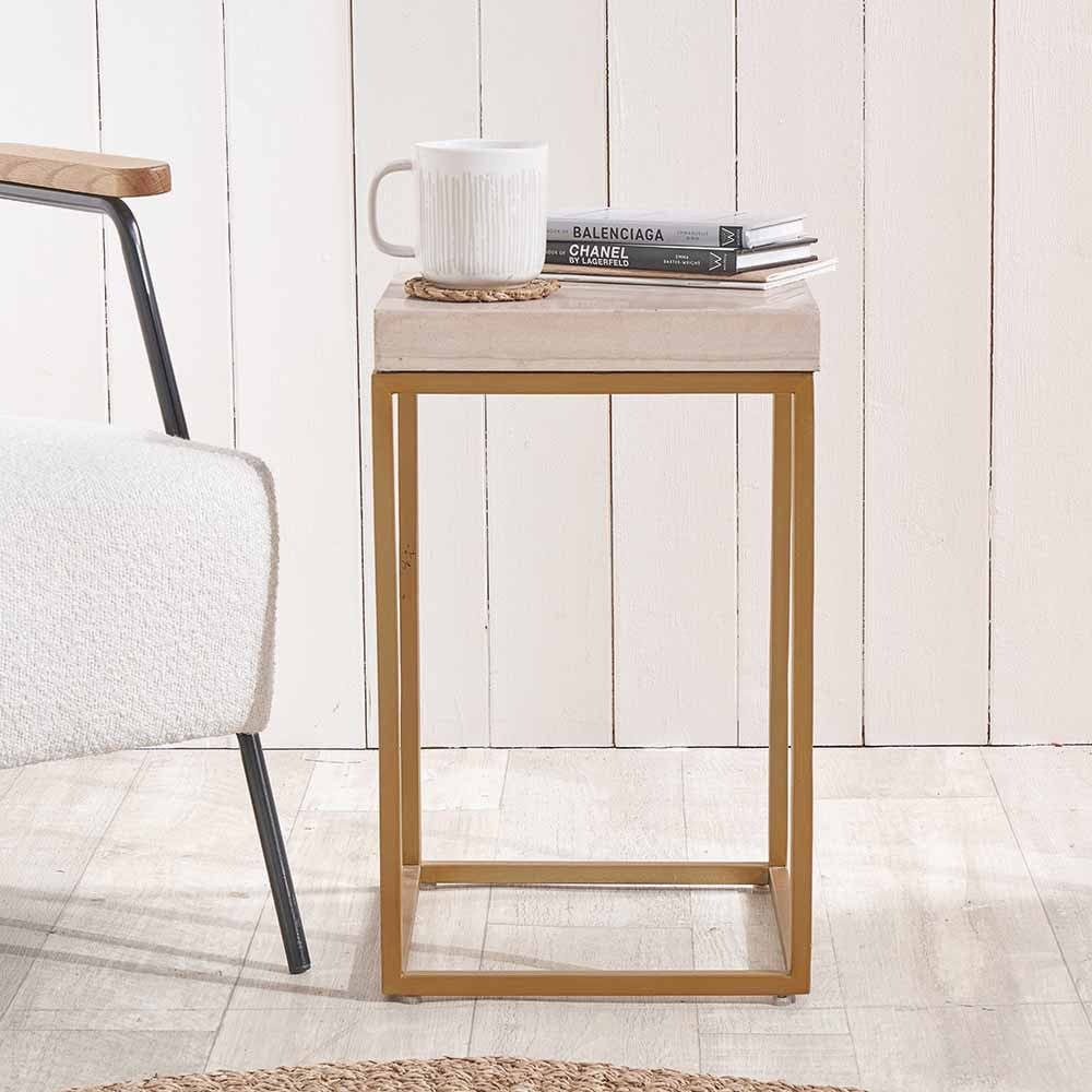 Madison Beige Granite and Burnished Gold Metal Square Side Table.