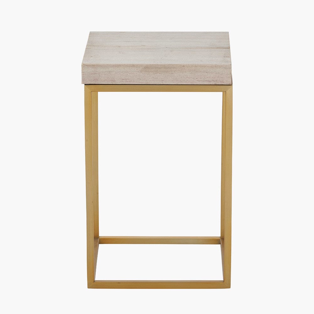 Madison Beige Granite and Burnished Gold Metal Square Side Table.