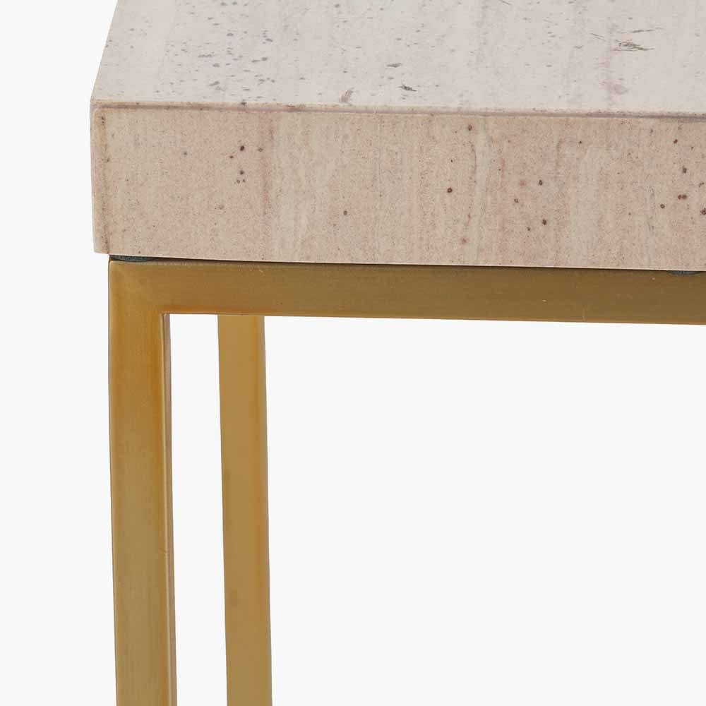 Madison Beige Granite and Burnished Gold Metal Tall Square Side Table.