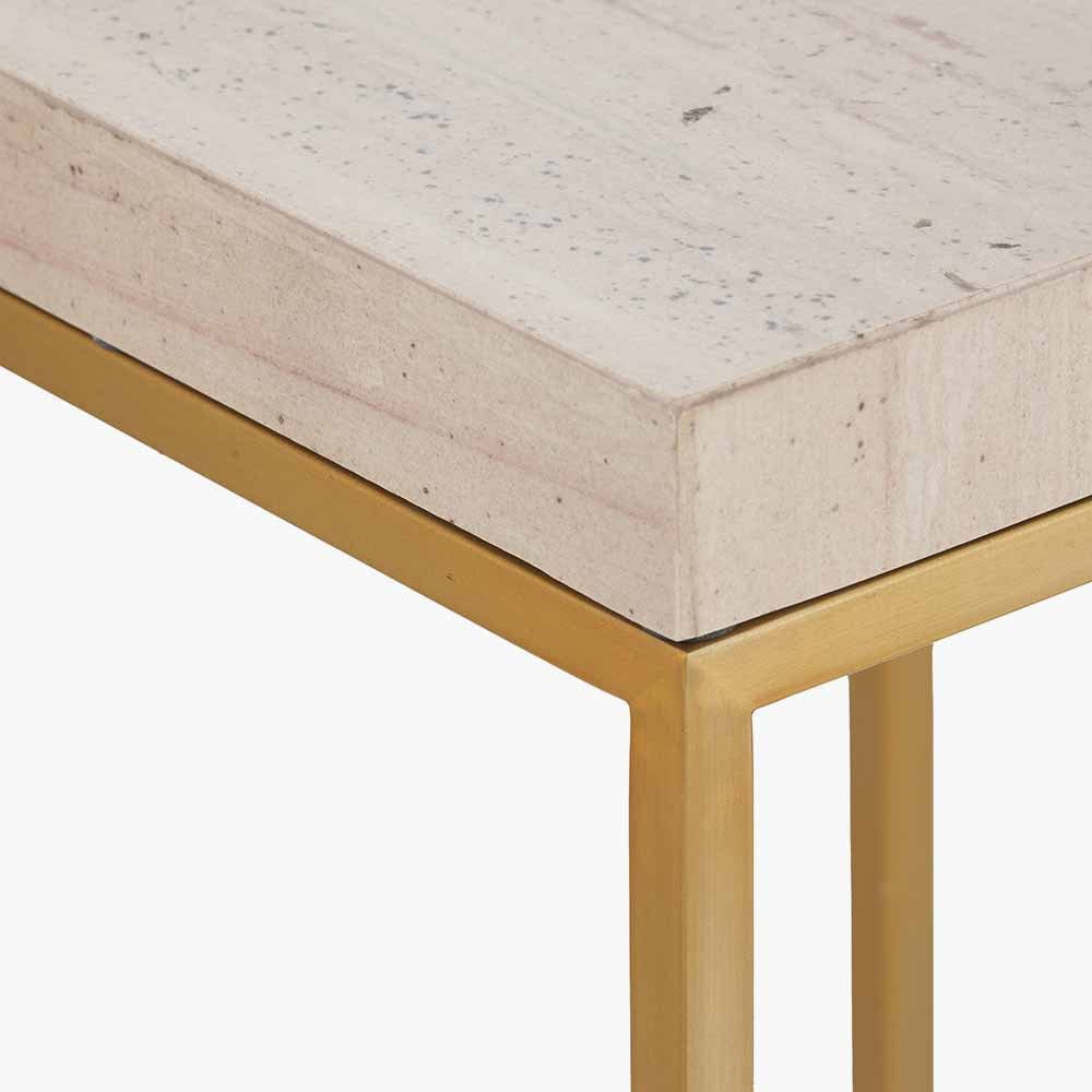 Madison Beige Granite and Burnished Gold Metal Tall Square Side Table.