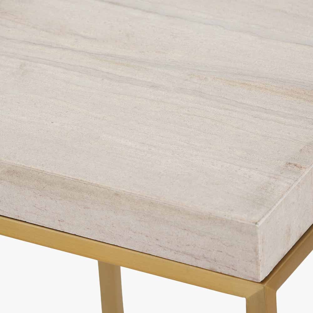 Madison Beige Granite and Burnished Gold Metal Tall Square Side Table.